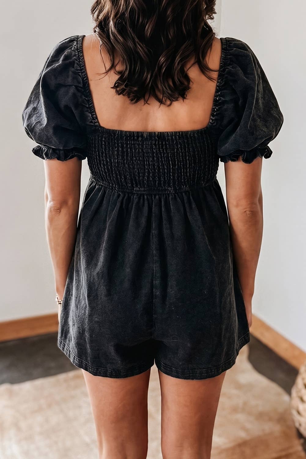 Denim Square Neck Smocked Short Puff Sleeve Flared Romper