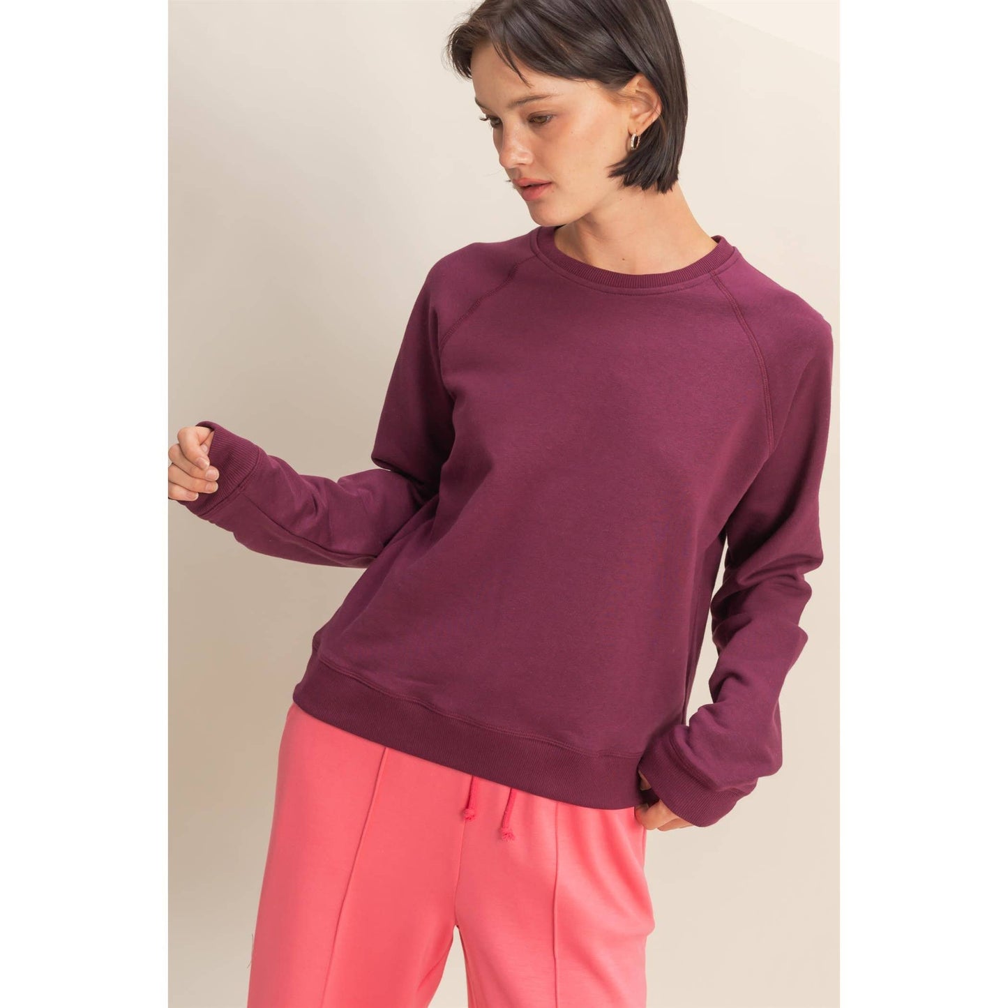 Crew Neck Raglan Sleeve Comfy Pullover Sweatshirt