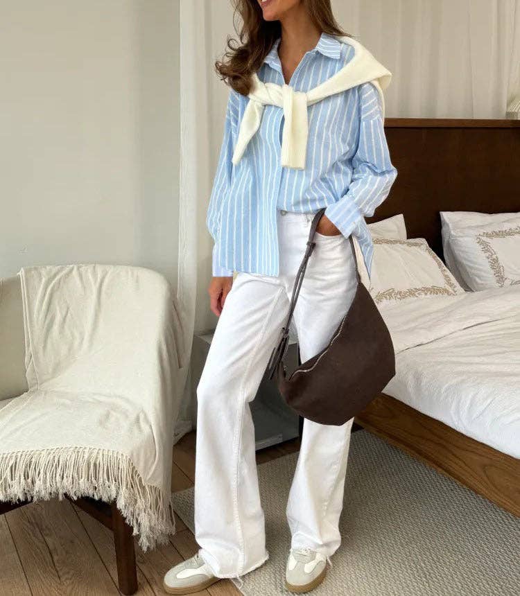 Striped Oversized Button Down Shirt Blouse