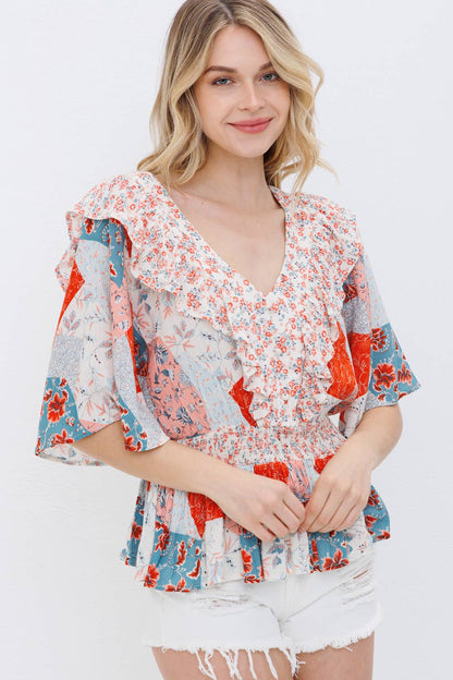 31693T - Floral Smocked Waist Ruffle Blouse Button Detail
