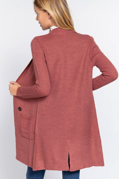 Long Sleeve Notched Collar Sweater Jacket