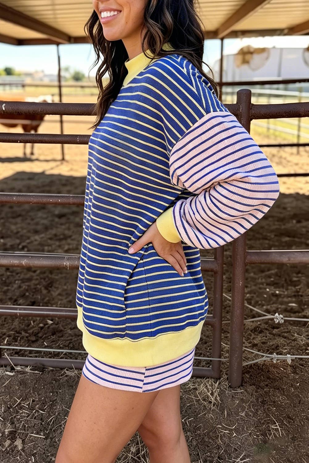 Cozy Fall Striped Color Block 2-Piece Pullover & Shorts Set