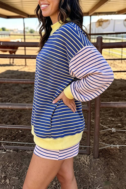 Cozy Fall Striped Color Block 2-Piece Pullover & Shorts Set