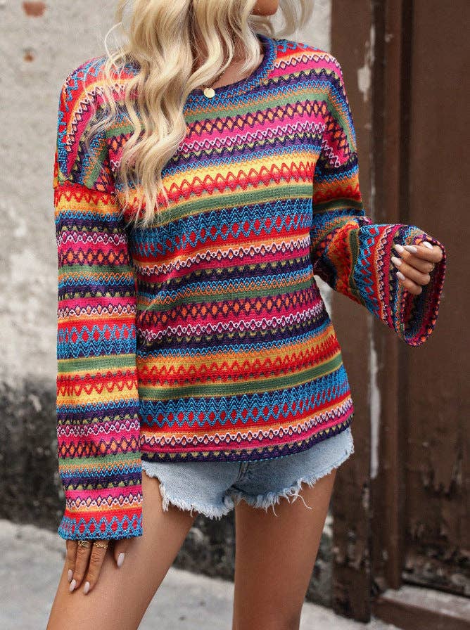 Boho Geometric Knit Sweater Bell Sleeve Crew Neck Top