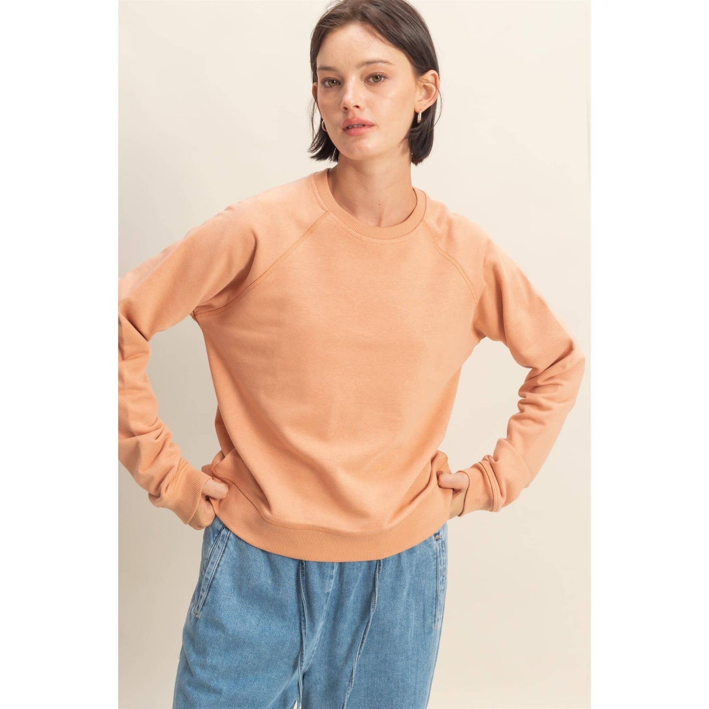 Crew Neck Raglan Sleeve Comfy Pullover Sweatshirt
