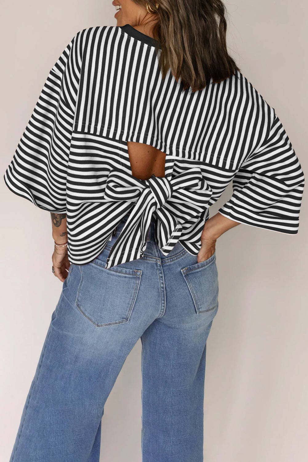 Green Striped Knit Back Bow Tie Open Back Top Women