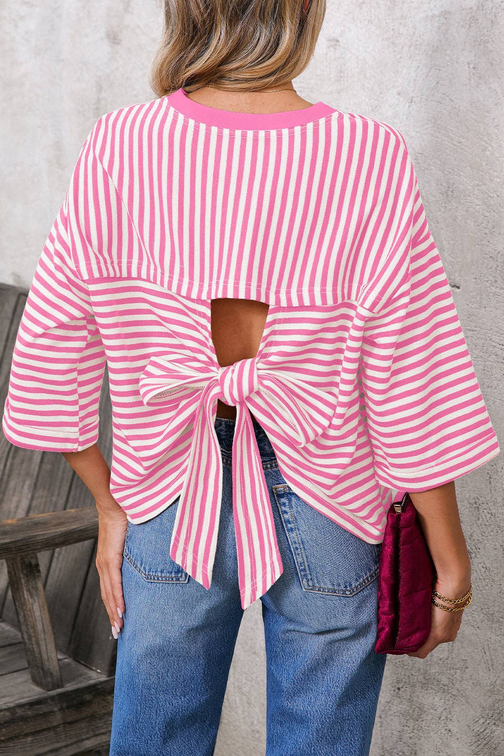 Green Striped Knit Back Bow Tie Open Back Top Women