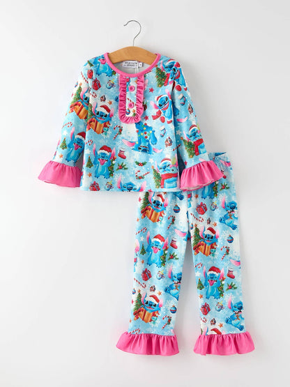 Christmas Girls Pajama Set with Ruffle Detail and Buttoned Top