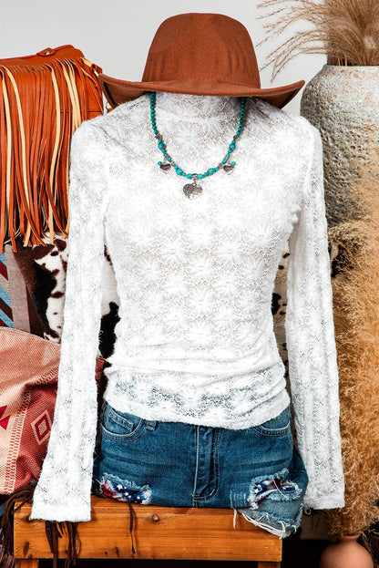 Fashion-W Floral Lace High Neck Long Sleeve Top