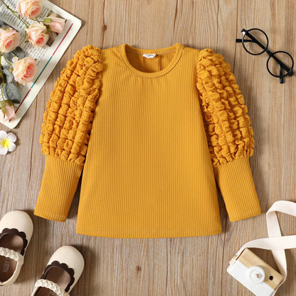 Girl Textured Ribbed Long Puff-sleeve Solid Color Tee