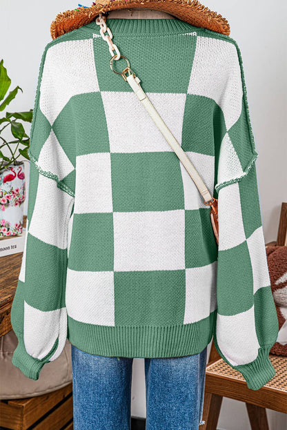 Fashion-W Checkered Bishop Sleeve Sweater*S-2XL