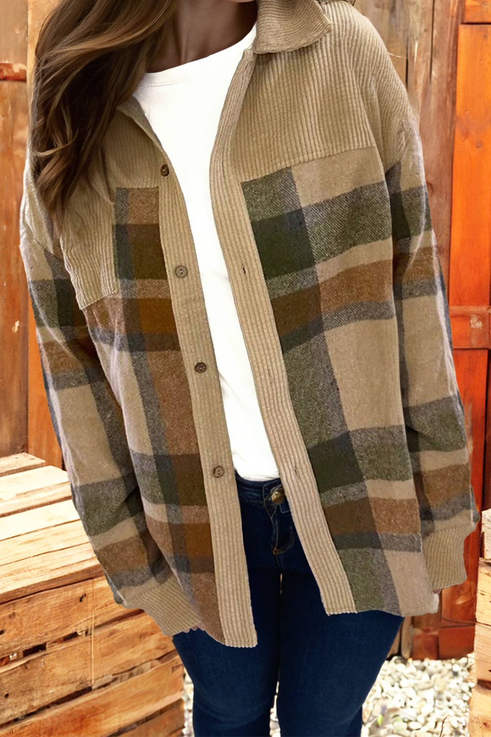 Retro Plaid Corduroy Patchwork Shacket