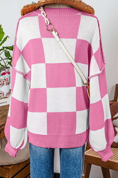 Fashion-W Checkered Bishop Sleeve Sweater*S-2XL