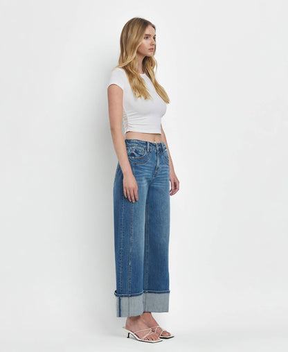 SUPER HIGH RISE CUFFED BAGGY WIDE JEANS F5856