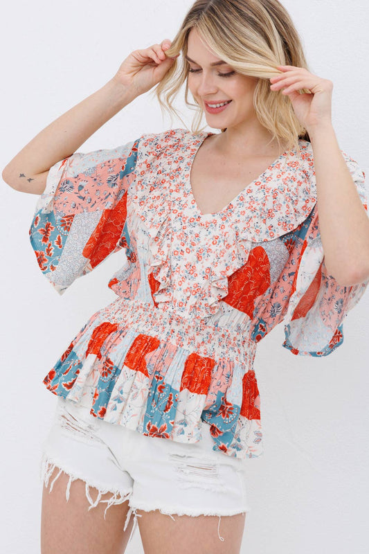 31693T - Floral Smocked Waist Ruffle Blouse Button Detail
