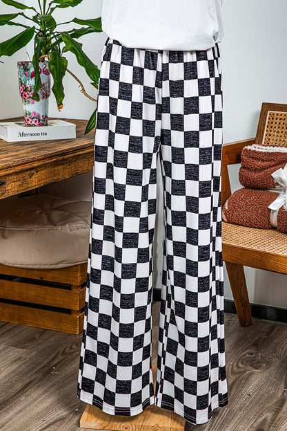 Fashion-W 2-Tone Checked Print High Waist Wide Leg Pants