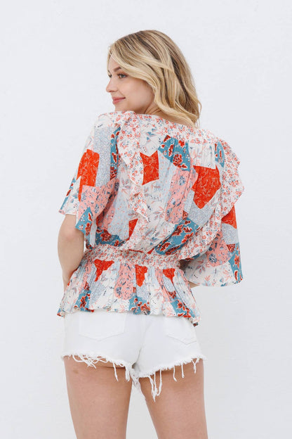 31693T - Floral Smocked Waist Ruffle Blouse Button Detail