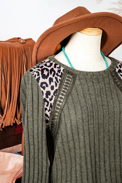 Western Leopard Crochet Patchwork Rib Textured Knit Top