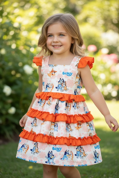 Dog printed character dress with ruffle trim. DRG60225 AMY
