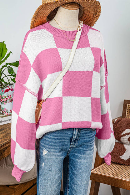 Fashion-W Checkered Bishop Sleeve Sweater*S-2XL