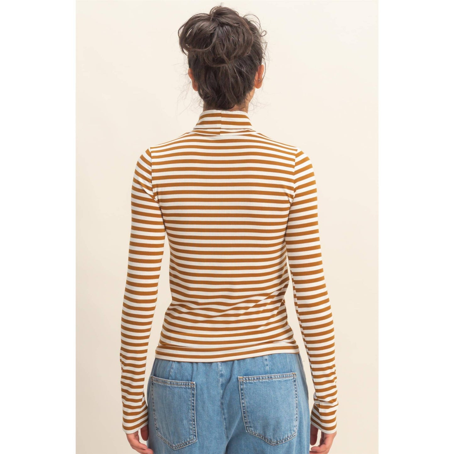 Striped Turtleneck Fitted Long Sleeve Top