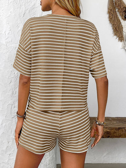 Green Stripe Knit Top and Shorts Lounge Set
