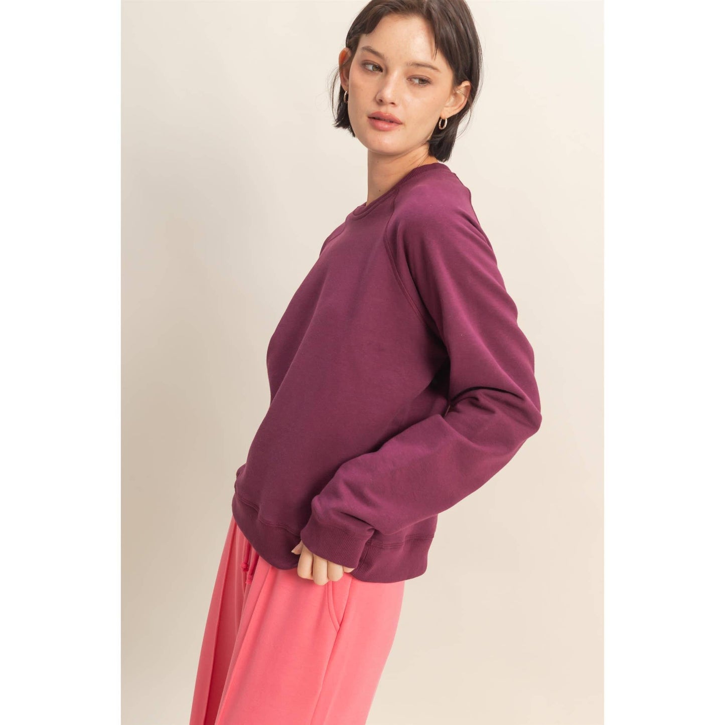 Crew Neck Raglan Sleeve Comfy Pullover Sweatshirt