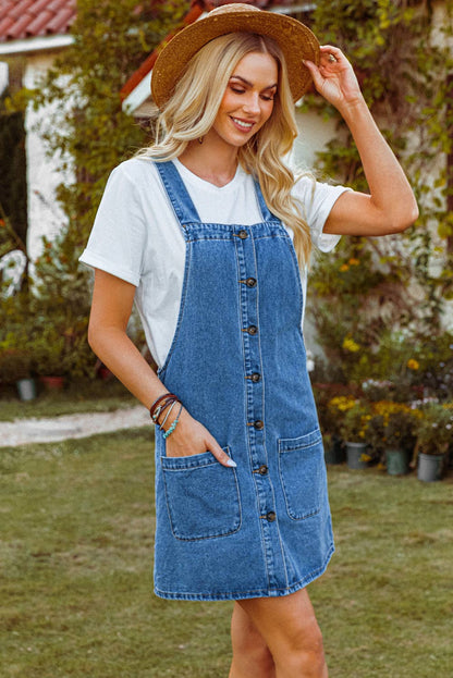 Western Wide Strap Button Front Pocketed Denim Mini Dress