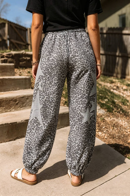 Western Leopard Star Patched Drawstring Jogger Pants
