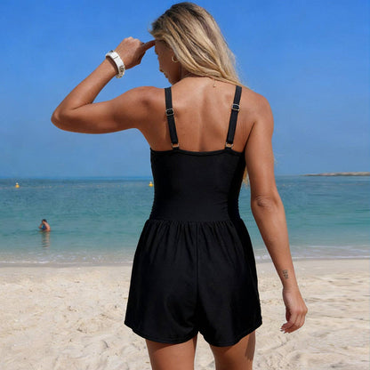 Solid One-Piece Swimsuit with Pockets Sporty Modest