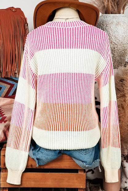 Fall Colorblock Textured Knit Bubble Sleeve Sweater
