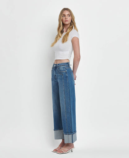 SUPER HIGH RISE CUFFED BAGGY WIDE JEANS F5856