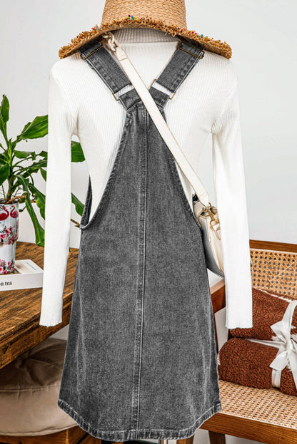 Western Wide Strap Button Front Pocketed Denim Mini Dress