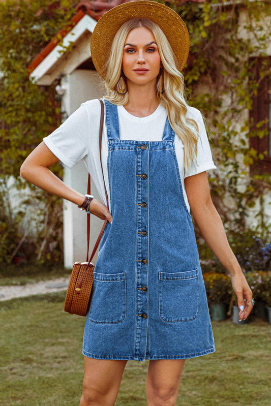 Western Wide Strap Button Front Pocketed Denim Mini Dress
