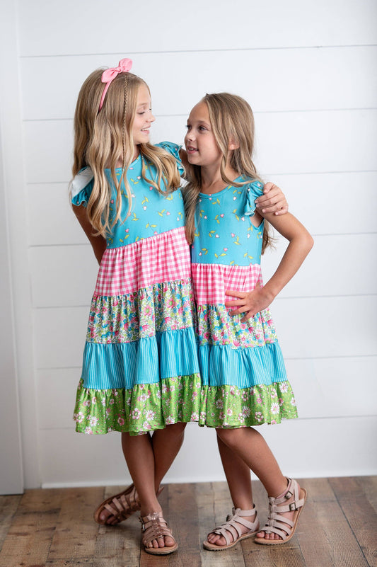 Girls Ava Twirl Teal Floral Check Tiered Spring Easter Dress