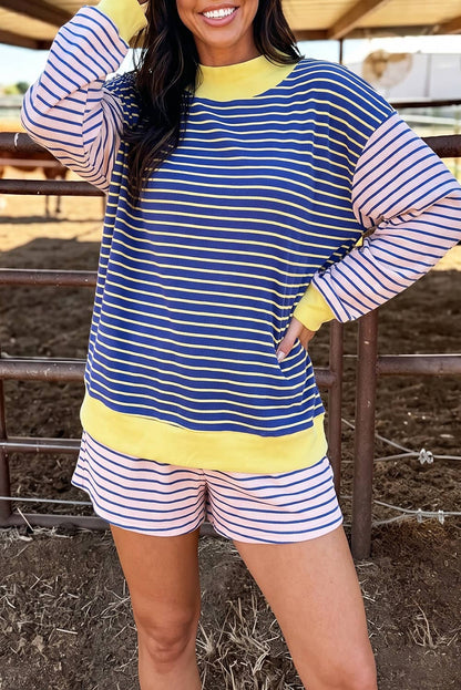 Cozy Fall Striped Color Block 2-Piece Pullover & Shorts Set