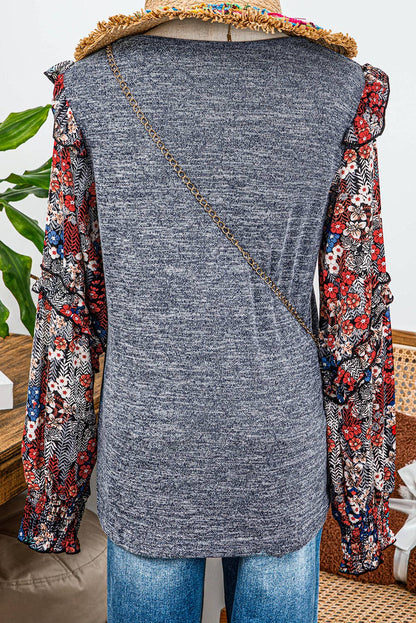 Fashion-W Contrast Ruffle Floral Sleeve Top