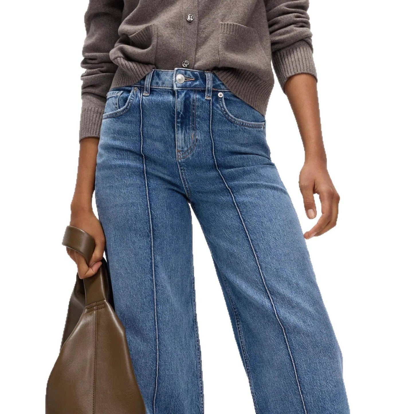 High Waist Contrast Stitch Wide Leg Washed Jeans