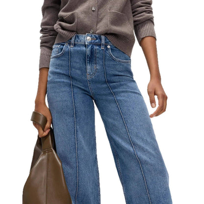 High Waist Contrast Stitch Wide Leg Washed Jeans