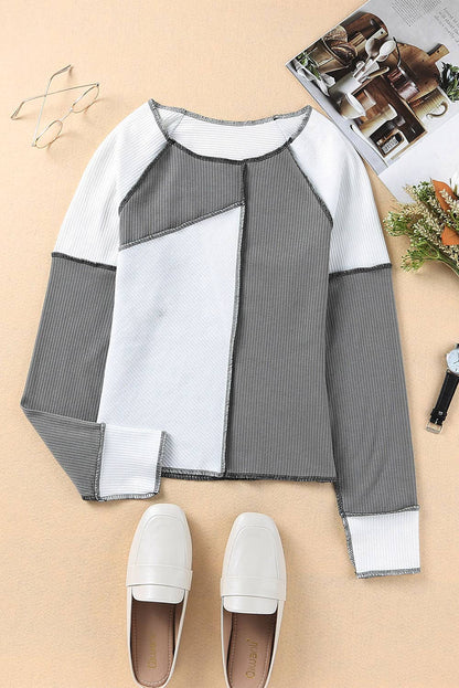 Ribbed Color Block Slim Fit Top with Contrast Seams