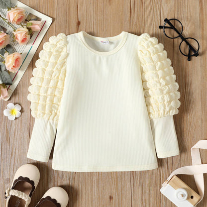Girl Textured Ribbed Long Puff-sleeve Solid Color Tee