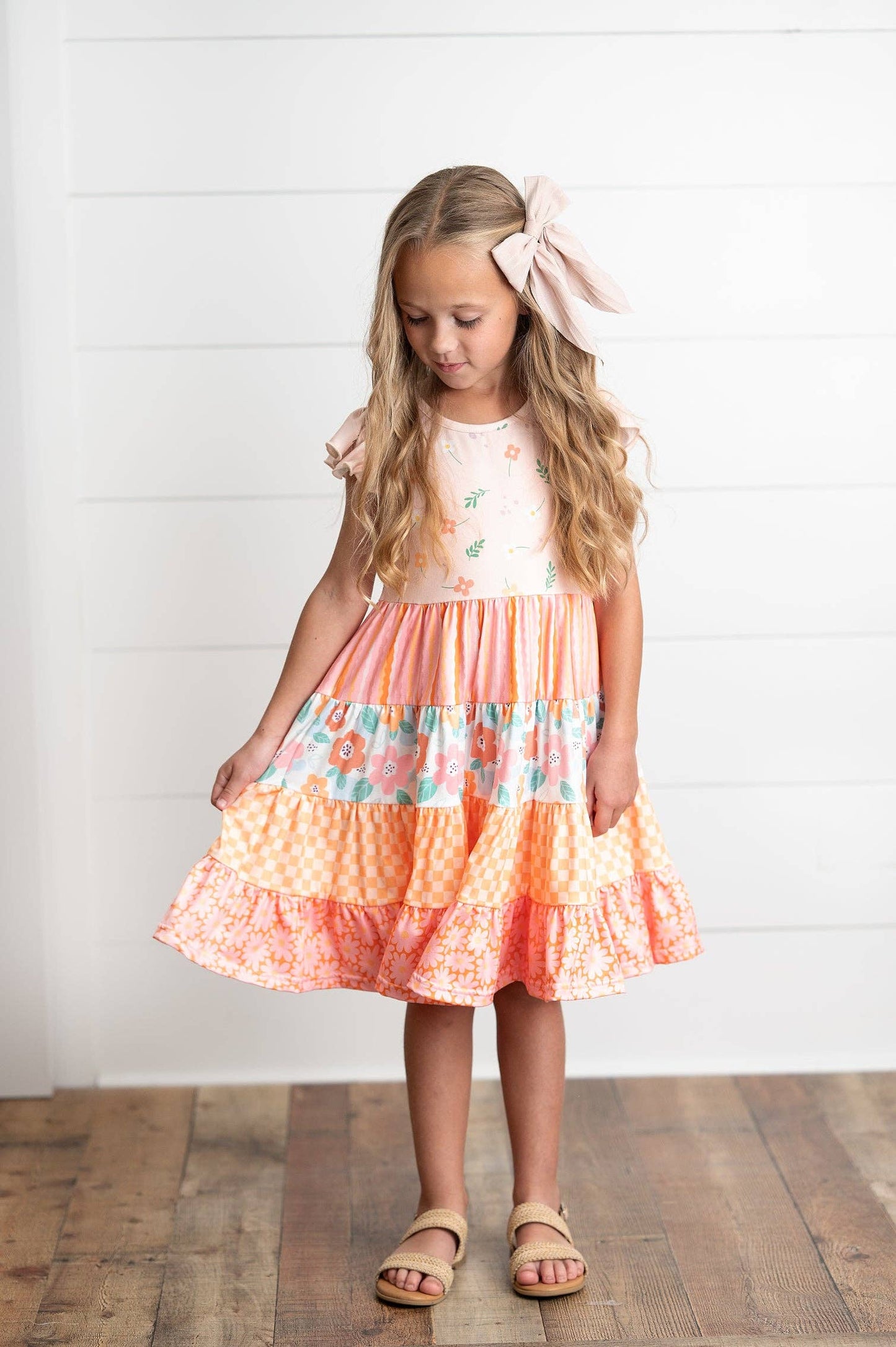 Girls Orange Pink Ava Retro Floral Check Spring Tiered Dress