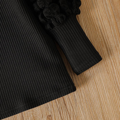 Girl Textured Ribbed Long Puff-sleeve Solid Color Tee