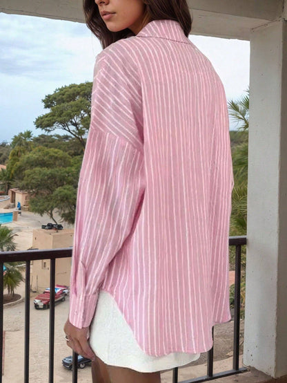 Striped Oversized Button Down Shirt Blouse