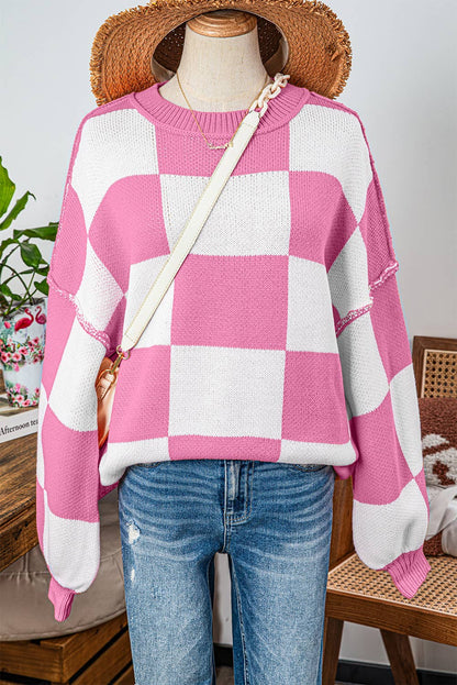 Fashion-W Checkered Bishop Sleeve Sweater*S-2XL