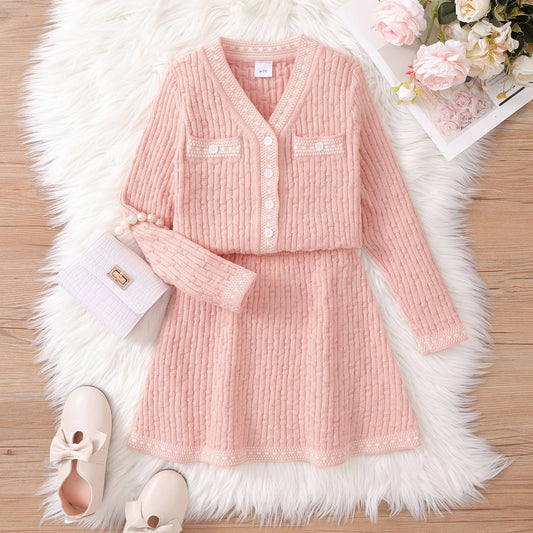 2PCS Kid Girl Sweet Textured Sweater and Skirt Set