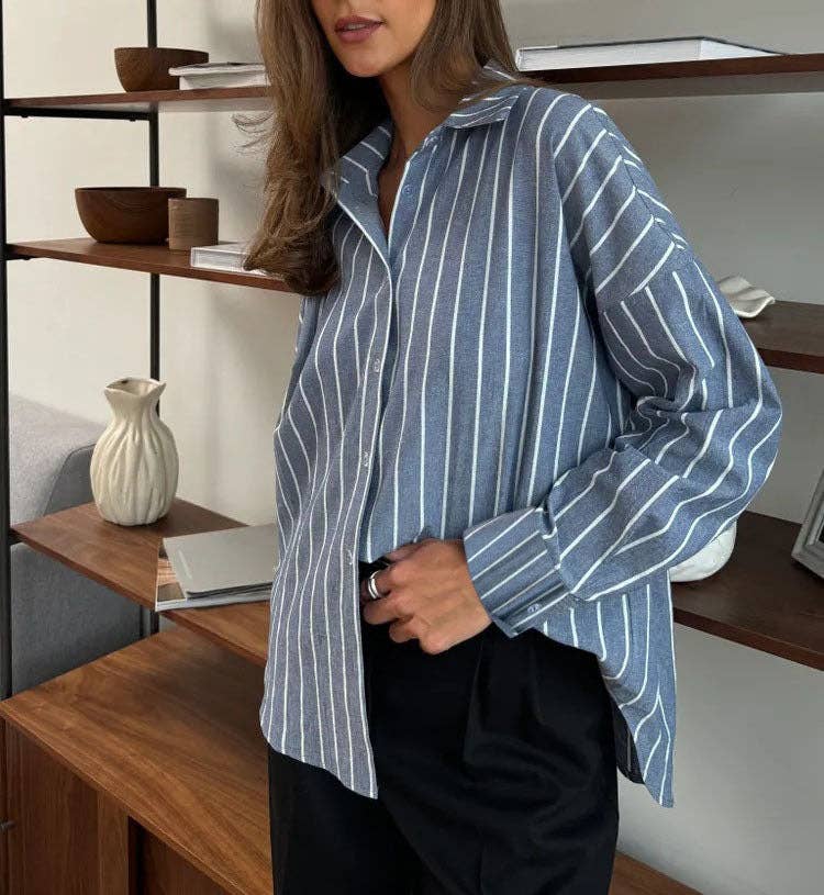 Striped Oversized Button Down Shirt Blouse