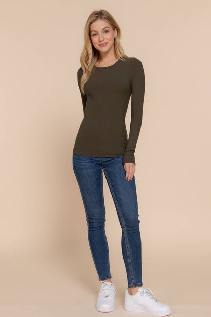 Long Sleeve Crew Neck Rayon Rib Knit Top