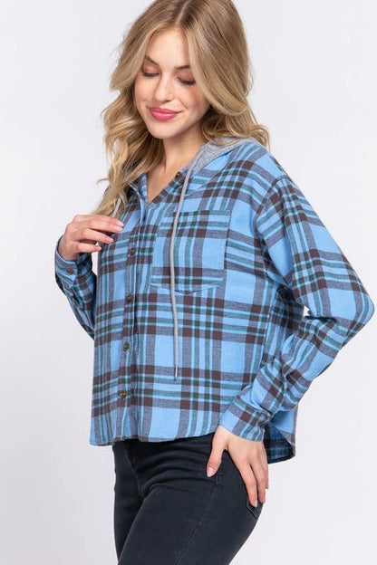 Long Slv Drawstring Hoodie Button Down Plaid Shirt