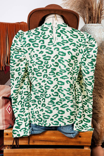 Fashion-W Leopard Print Mock Neck Puff Sleeve Top